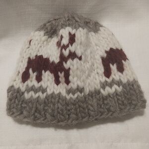Red and Gray Hand Knit Wool Reindeer Design Kids Winter Beanie Hat